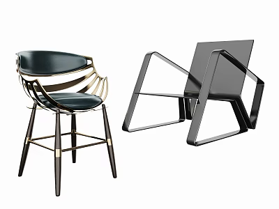 Modern Leisure Chairs With Black Leather Seats Golden Metal Frames And Wooden Legs 3d model
