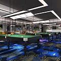 Spacious Billiard Room with Green Felt Tables Sofas Blue Patterned Carpet Ceiling Lights Wall TVs 3d model
