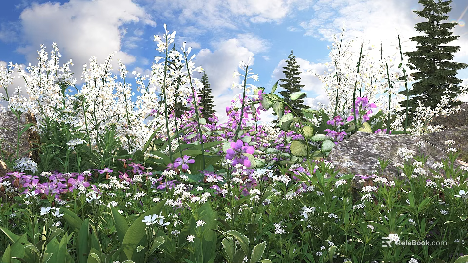 Vibrant White and Purple Flowers with Green Leaves Under Blue Sky and Tall Pine Trees 3d model 