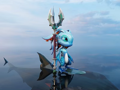 Blue Dragon Character Holding Trident Standing On Shark Fin With Sky Water And Reflection 3d model