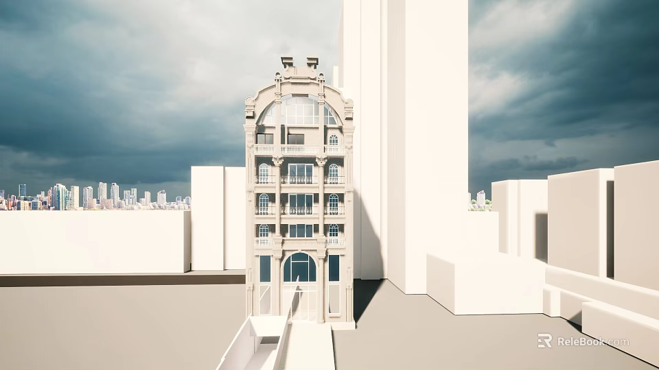 Classical Style Building With Arched Windows And White Facade In Cloudy Urban Skyline 3d model 