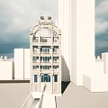 Classical Style Building With Arched Windows And White Facade In Cloudy Urban Skyline