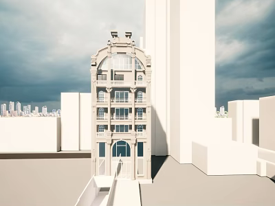 Classical Style Building With Arched Windows And White Facade In Cloudy Urban Skyline 3d model