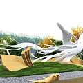 Sculpture With White Bird Spread Wings Golden Wave Decorations Green Trees Bamboo Grove And Lawn