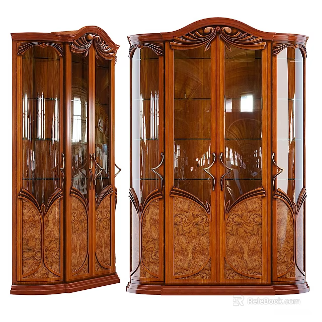 Elegant Vintage Wooden Display Cabinet With Glass Doors And Intricate Carved Details 3d model 