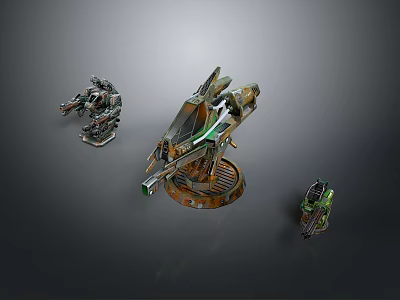 Futuristic Sci Fi Landscape Featuring Metallic Mechanical Structures On Gray Background 3d model