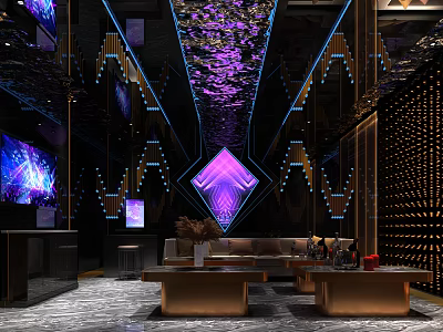 Modern KTV Interior With Purple Lighting Geometric Decor And Seating Area 3d model