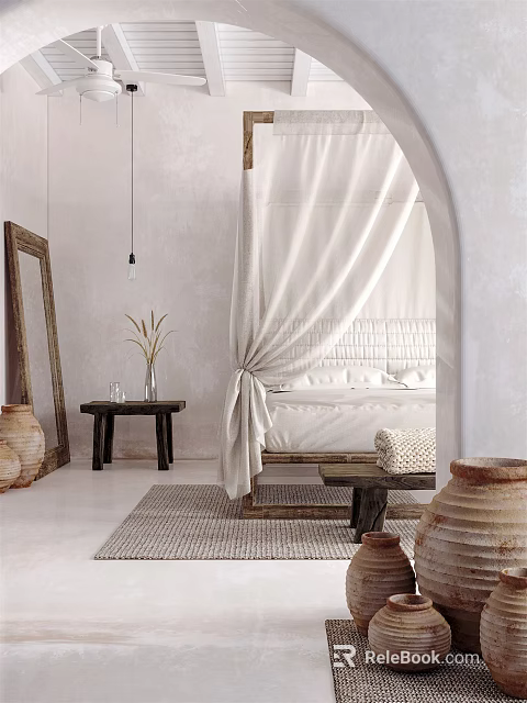 Hotel Guest Room Featuring Canopy Bed White Curtains Arched Doorway Wooden Furniture And Terracotta Pots 3d model 