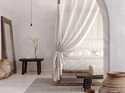 Hotel Guest Room Featuring Canopy Bed White Curtains Arched Doorway Wooden Furniture And Terracotta Pots 3d model