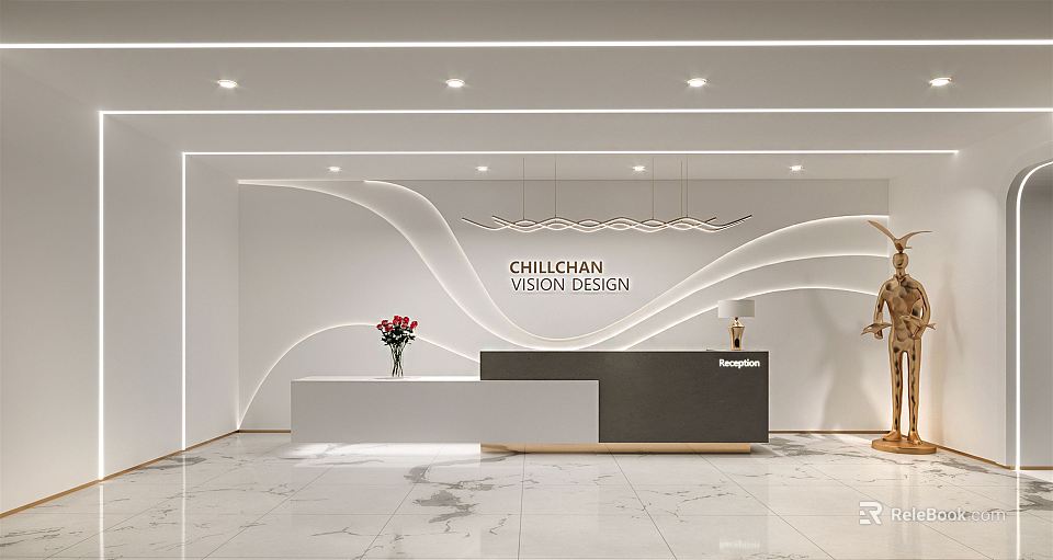 CHILI CHAN VISION DESIGN Modern Reception Desk Featuring White Black Minimalist Design And Flower Decoration 3d model 