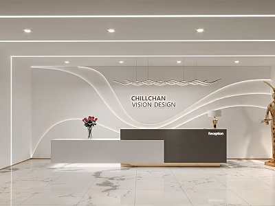 CHILI CHAN VISION DESIGN Modern Reception Desk Featuring White Black Minimalist Design And Flower Decoration 3d model