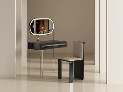 Modern Minimalist Dressing Table With Oval Mirror Transparent Legs And Black White Chair 3d model