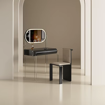 Modern Minimalist Dressing Table With Oval Mirror Transparent Legs And Black White Chair 3d model