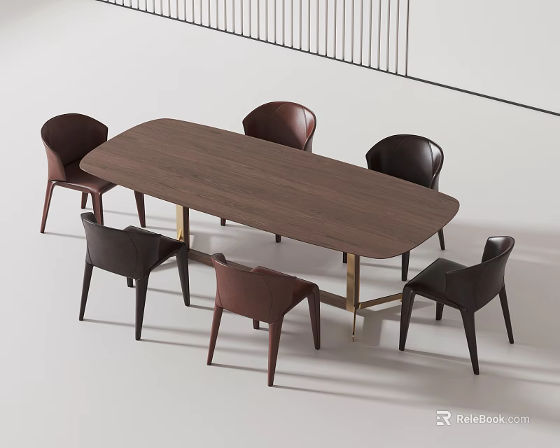 Modern Walnut Oval Dining Table Set With Golden Base And Six Chairs 3d model