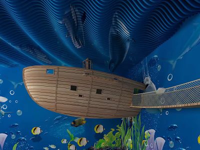 Wooden Ark Model In Ocean Themed Space With Blue Wave Ceiling And Marine Life 3d model