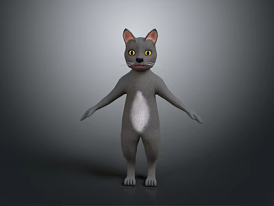 Gray 3D Cat Model With Yellow Eyes Pink Ears Standing Upright And White Belly 3d model