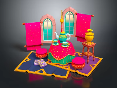 Colorful Arabian Dining Table With Teapot Cups Poufs Red Curtains And Arched Windows 3d model