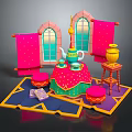 Colorful Arabian Dining Table With Teapot Cups Poufs Red Curtains And Arched Windows