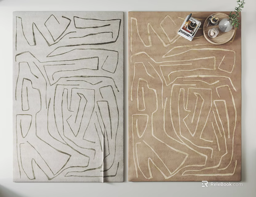 Light Gray And Brown Square Rugs With Abstract Line Patterns And Decorative Items On Top 3d model 