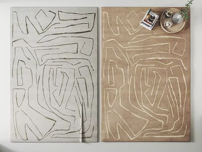 Light Gray And Brown Square Rugs With Abstract Line Patterns And Decorative Items On Top 3d model