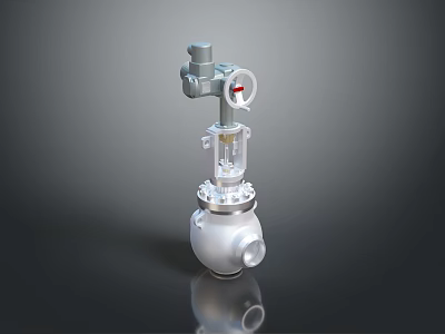 Industrial Metal Control Valve With Top Mounted Pressure Gauge And Spherical Body 3d model