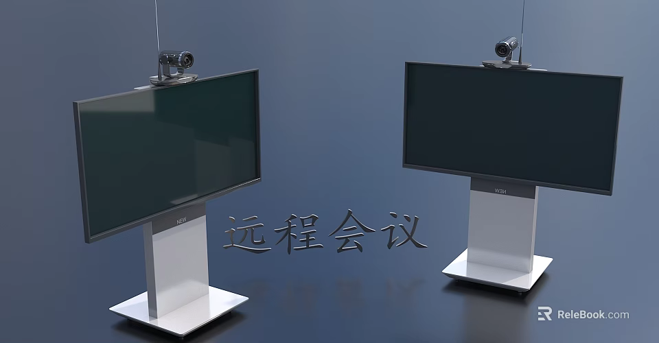 Modern Computer Monitors with Webcams on Stands for Remote Meeting Setup 3d model