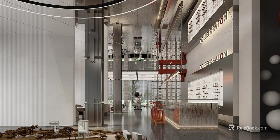 Spacious Modern Sales Office Interior With Glass Partitions And Metal Design 3d model 