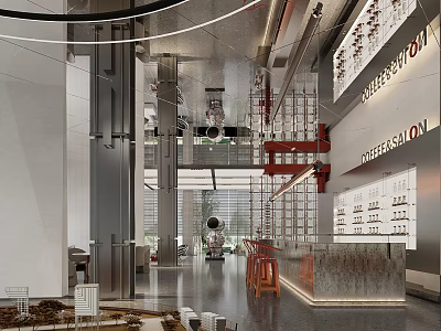Spacious Modern Sales Office Interior With Glass Partitions And Metal Design 3d model