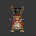 Mechanical Rabbit Figure With Black Top Hat Green Eyes Red Outfit Holding Clock