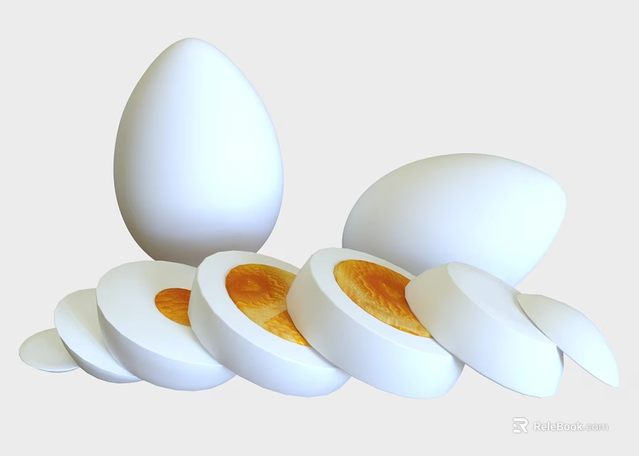 Fresh Whole Eggs and Sliced Halves with Vibrant Orange Yolk 3d model 