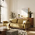 Cozy Green Velvet Sofa And Coffee Table Set With Pillows Throw Blanket And Potted Plant