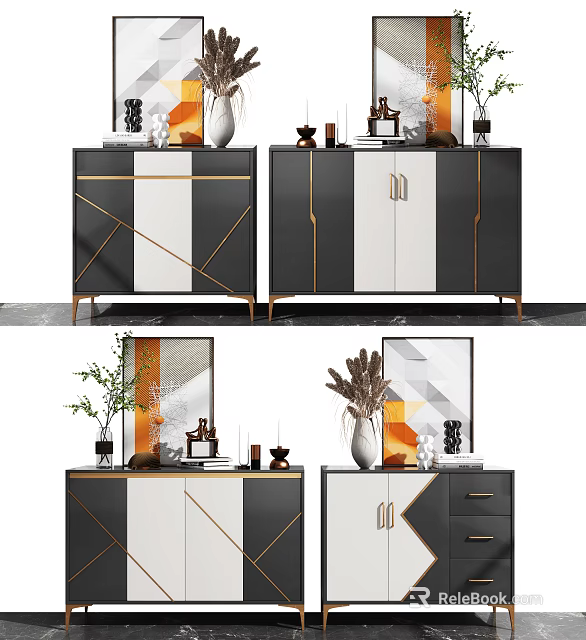 Modern Entryway Side Cabinet With Black White Gold Accents And Decorative Ornaments 3d model 