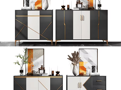 Modern Entryway Side Cabinet With Black White Gold Accents And Decorative Ornaments 3d model