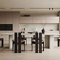 Modern Restaurant Interior With Long Dining Table Chairs Wooden Cabinets And Windows