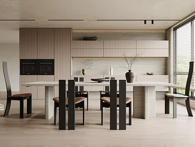 Modern Restaurant Interior With Long Dining Table Chairs Wooden Cabinets And Windows 3d model