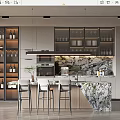 Modern Open Kitchen Interior Design With Marble Island Counter And Bar Stools 3d model