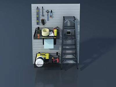 Organized Hardware Tools Storage With Wall Mounted Pegboard Ladder And Utility Baskets 3d model