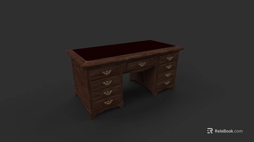 Traditional Wooden Office Desk with Dark Brown Tabletop and Multiple Drawers 3d model 