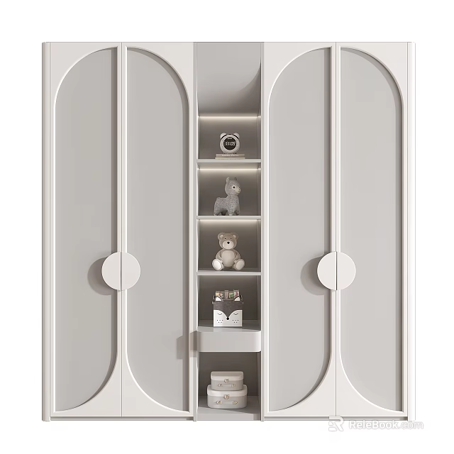 Modern Interior White Wardrobe Design With Curved Doors Central Open Shelves And Decorative Figurines 3d model 