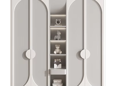 Modern Interior White Wardrobe Design With Curved Doors Central Open Shelves And Decorative Figurines 3d model