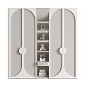 Modern Interior White Wardrobe Design With Curved Doors Central Open Shelves And Decorative Figurines