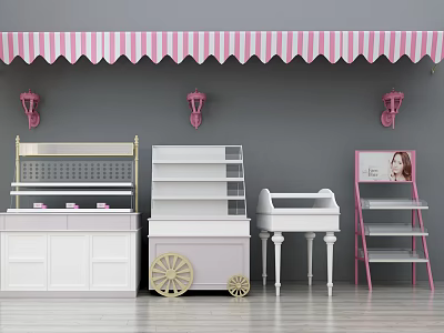 Various Display Shelves With Pink Striped Awning Gray Wall And Pink Wall Lamps 3d model