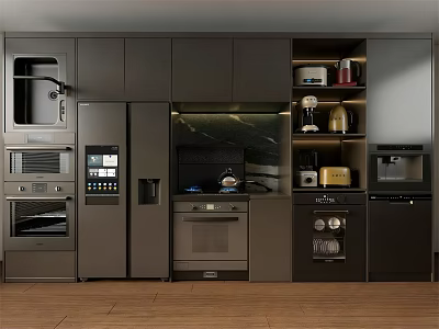 Modern Kitchen Featuring Dark Cabinetry And Essential Appliances Like Refrigerator Oven Coffee Maker 3d model