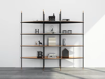 Modern Shelving Unit with Black Frame and Wooden Shelves Displaying Decorative Items Books and Sculptures 3d model