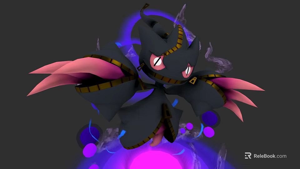 Mystical Black Creature With Pink Wings Red Eyes Purple Light Spots And Crystal Structures 3d model 