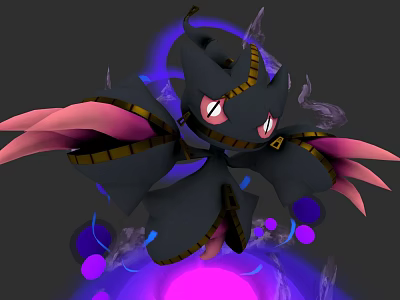 Mystical Black Creature With Pink Wings Red Eyes Purple Light Spots And Crystal Structures 3d model