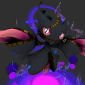 Mystical Black Creature With Pink Wings Red Eyes Purple Light Spots And Crystal Structures