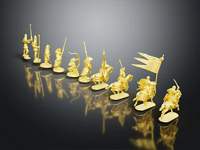 Golden Knight Themed Decorative Figurines With Various Poses Arranged On Black Reflective Surface 3d model