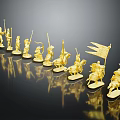 Golden Knight Themed Decorative Figurines With Various Poses Arranged On Black Reflective Surface