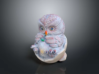 Pinkish Purple Feathered Owl Ceramic Sculpture With Detailed Texture And Colorful Beak 3d model